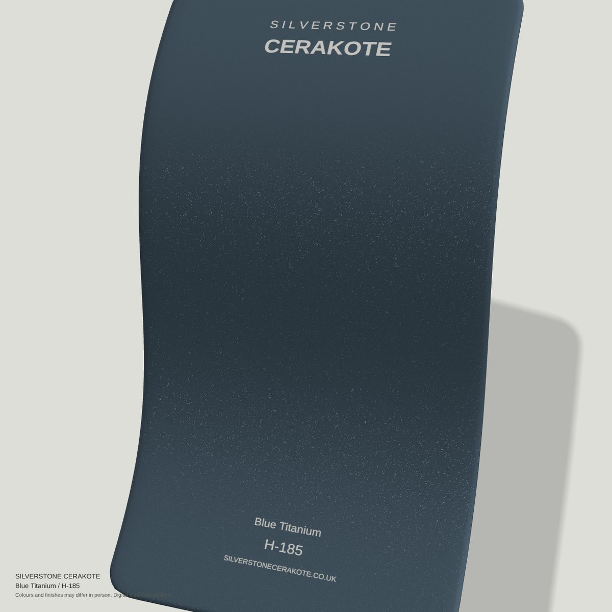 Blue Titanium H-185 Cerakote finish on a Silverstone Cerakote sample swatch (digital visualisation)