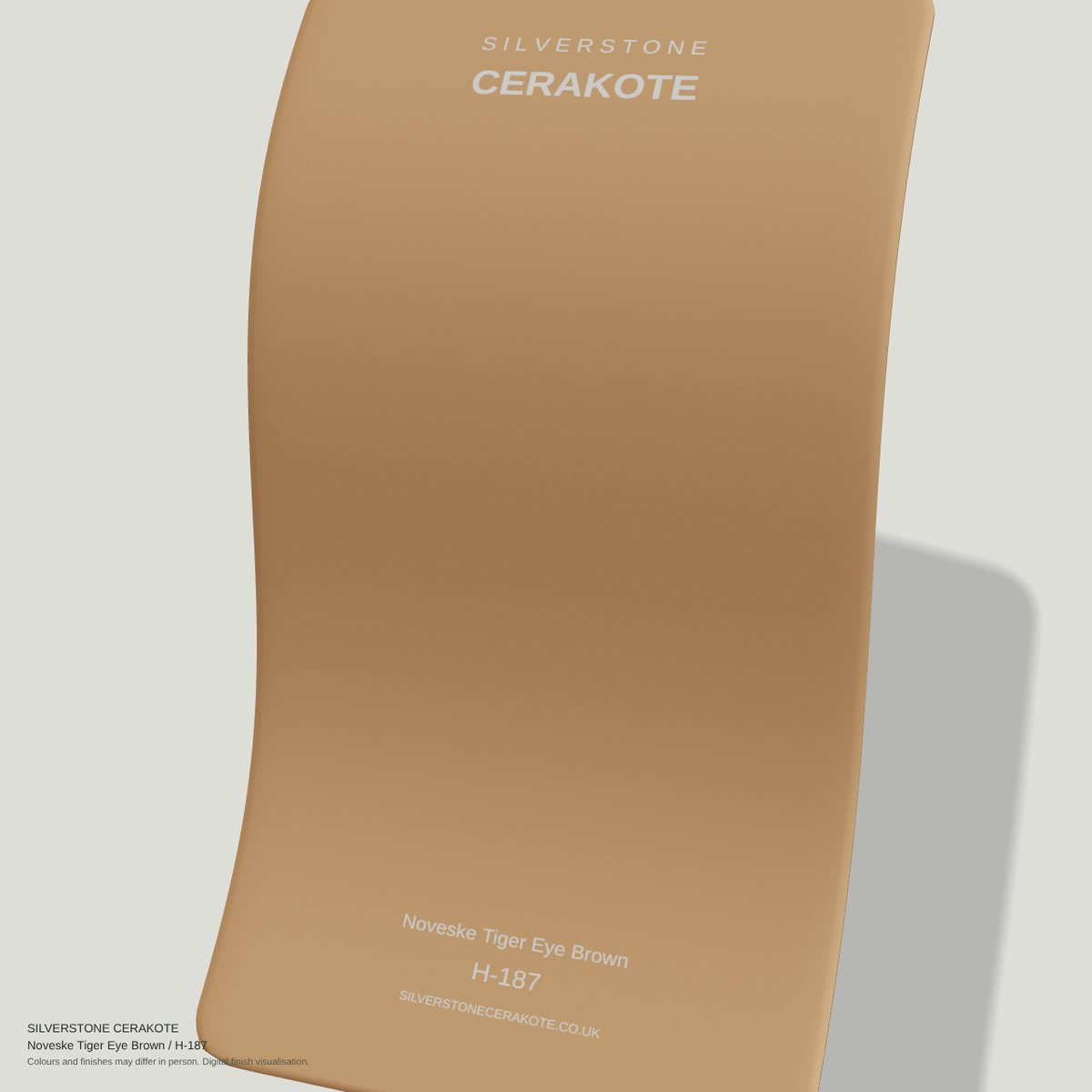 Noveske Tiger Eye Brown H-187 Cerakote finish on a Silverstone Cerakote sample swatch (digital visualisation)