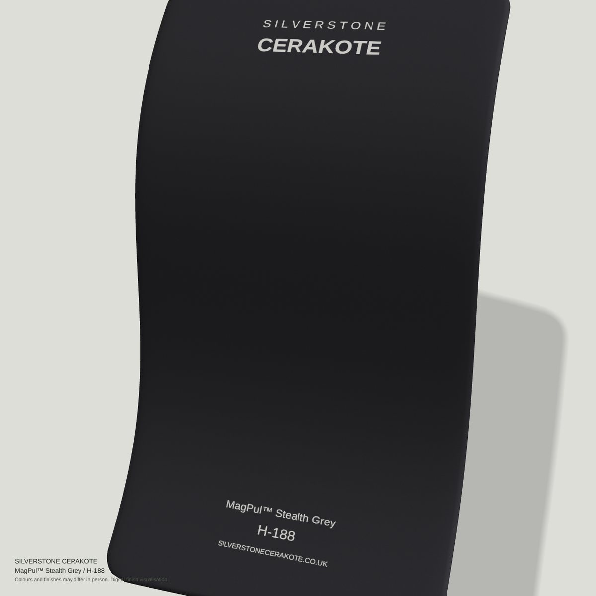 MagPul™ Stealth Grey H-188 Cerakote finish on a Silverstone Cerakote sample swatch (digital visualisation)