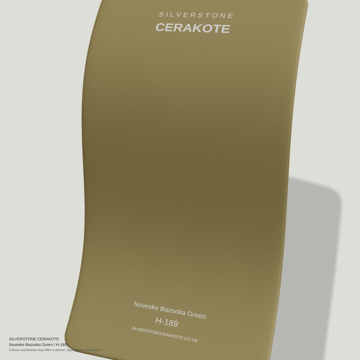 Noveske Bazooka Green H-189 Cerakote finish on a Silverstone Cerakote sample swatch (digital visualisation)