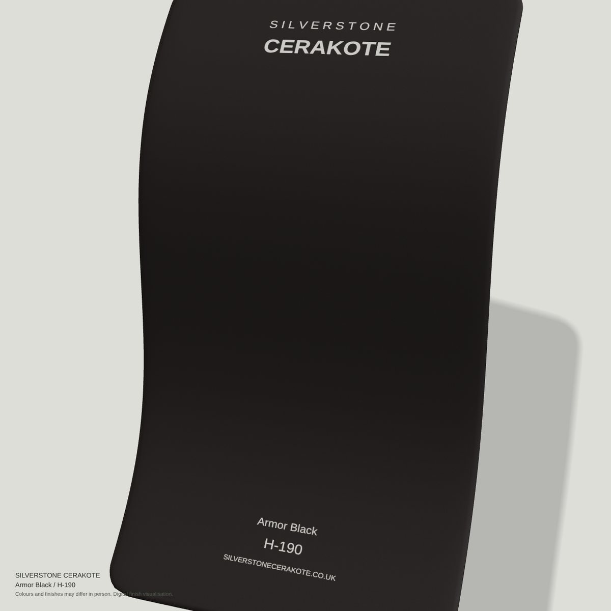 Armor Black H-190 Cerakote finish on a Silverstone Cerakote sample swatch (digital visualisation)