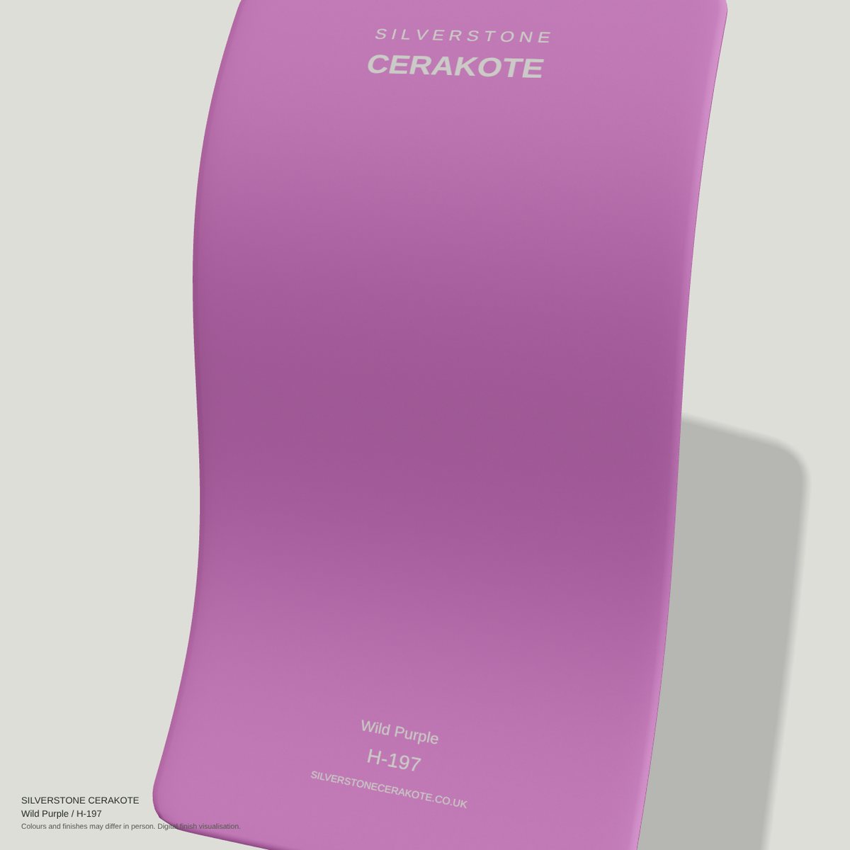 Wild Purple H-197 Cerakote finish on a Silverstone Cerakote sample swatch (digital visualisation)