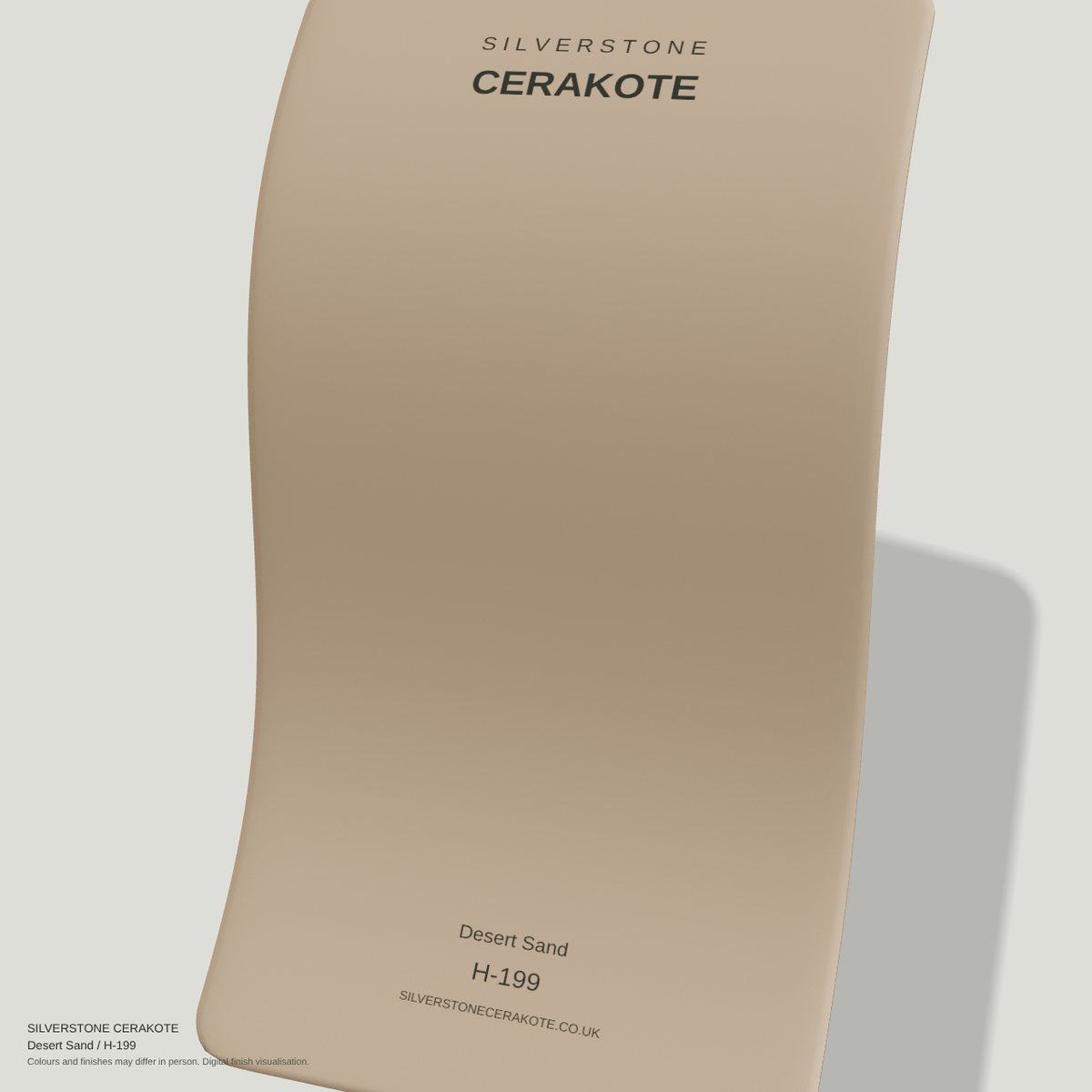 Desert Sand H-199 Cerakote finish on a Silverstone Cerakote sample swatch (digital visualisation)