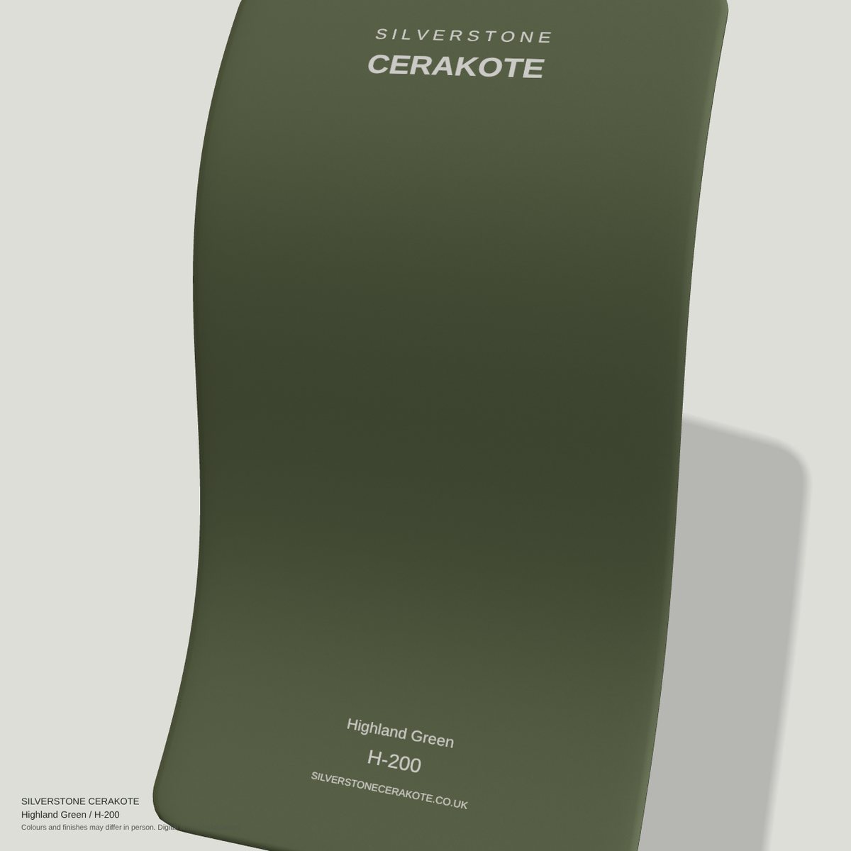 Highland Green H-200 Cerakote finish on a Silverstone Cerakote sample swatch (digital visualisation)