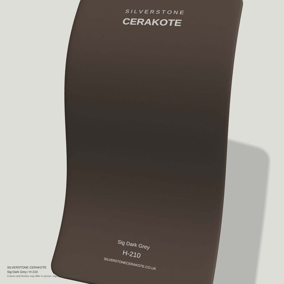 Sig Dark Grey H-210 Cerakote finish on a Silverstone Cerakote sample swatch (digital visualisation)