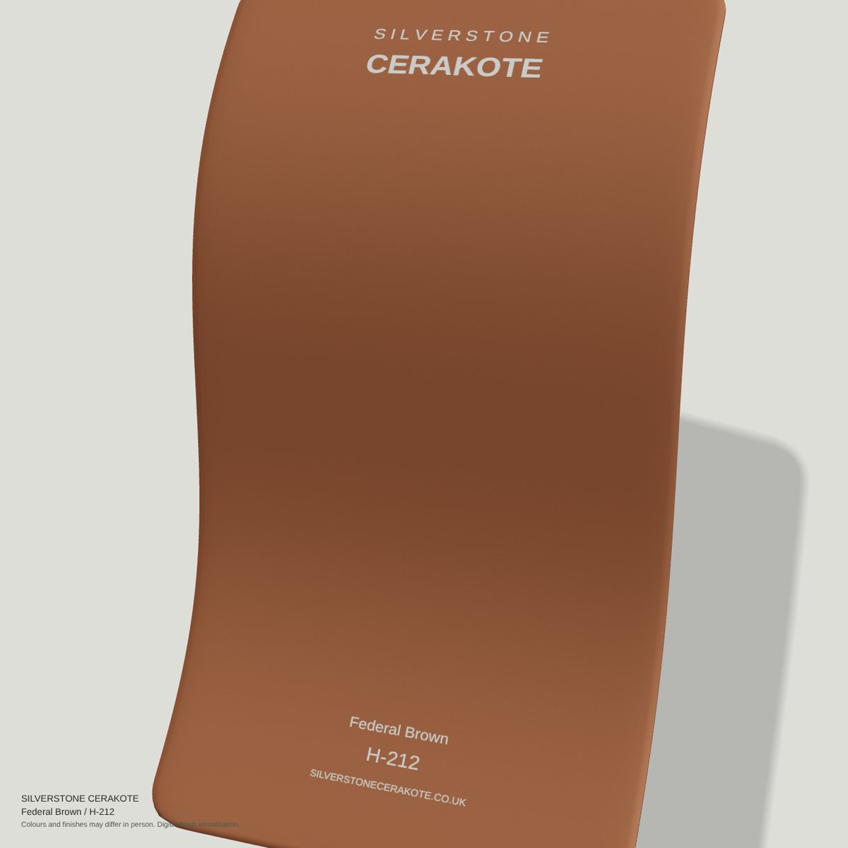Federal Brown H-212 Cerakote finish on a Silverstone Cerakote sample swatch (digital visualisation)