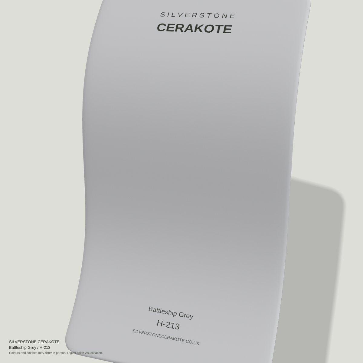 Battleship Grey H-213 Cerakote finish on a Silverstone Cerakote sample swatch (digital visualisation)