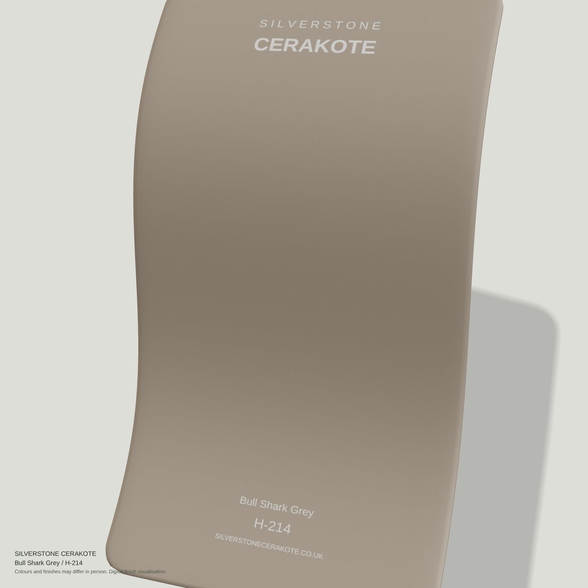 Bull Shark Grey H-214 Cerakote finish on a Silverstone Cerakote sample swatch (digital visualisation)