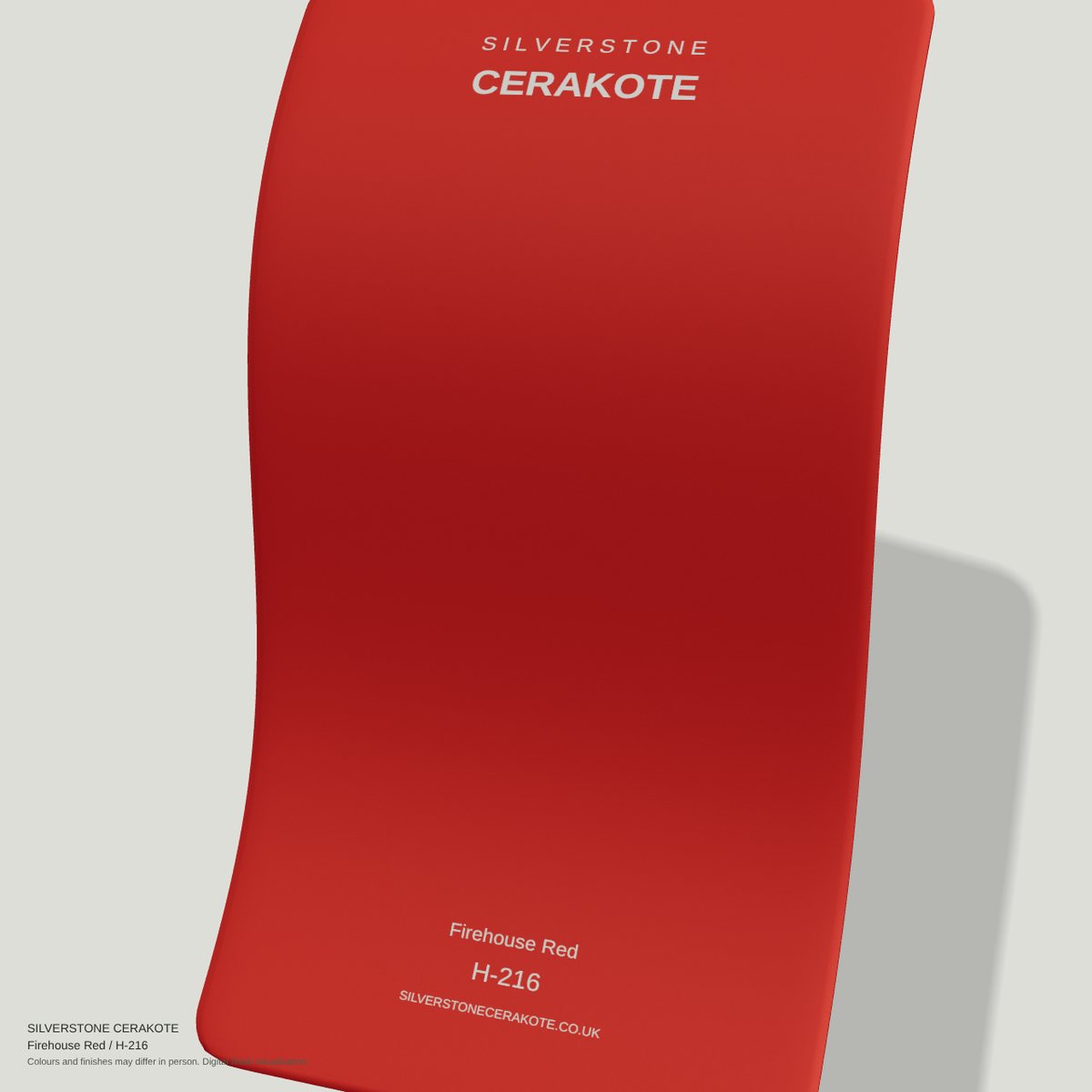 Firehouse Red H-216 Cerakote finish on a Silverstone Cerakote sample swatch (digital visualisation)