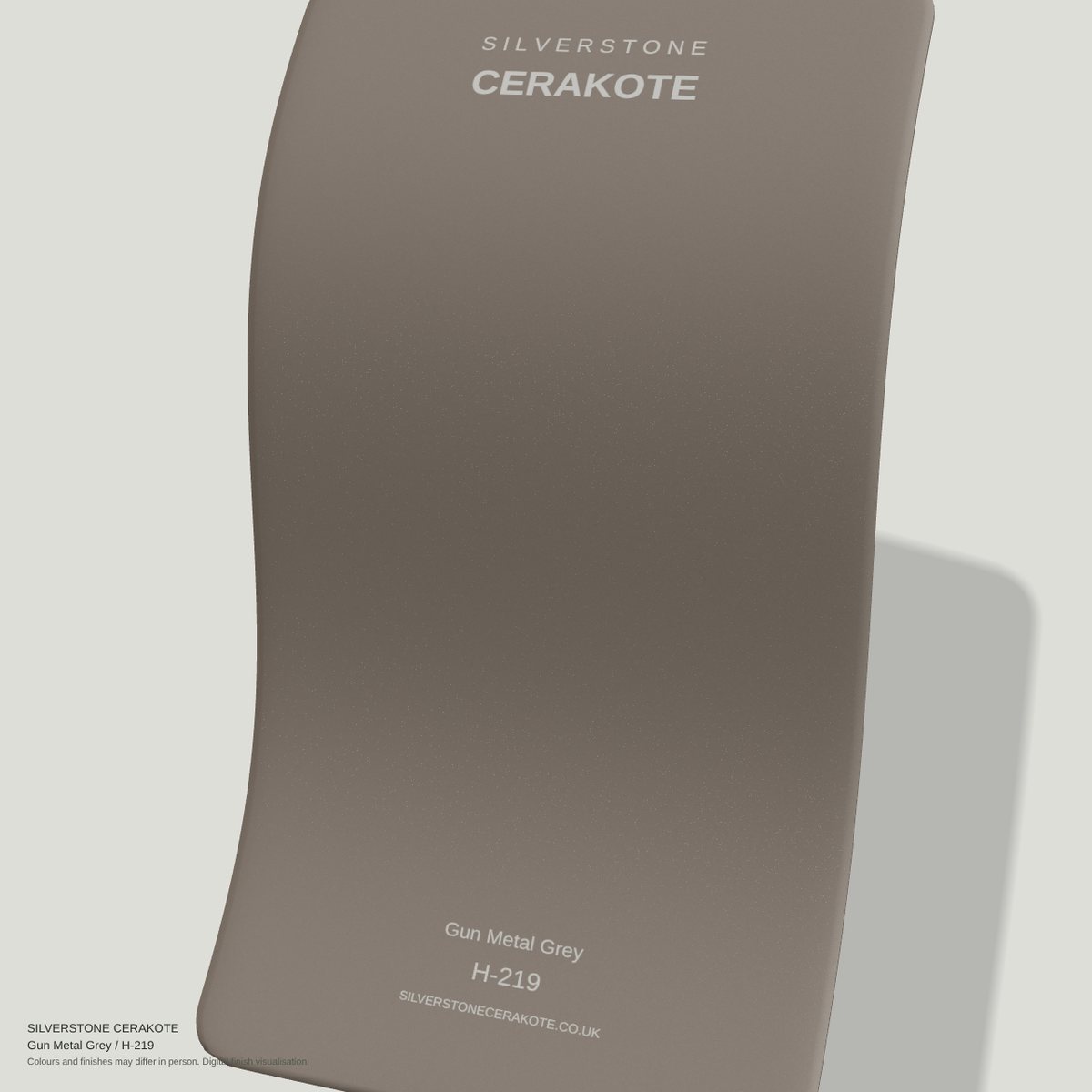 Gun Metal Grey H-219 Cerakote finish on a Silverstone Cerakote sample swatch (digital visualisation)