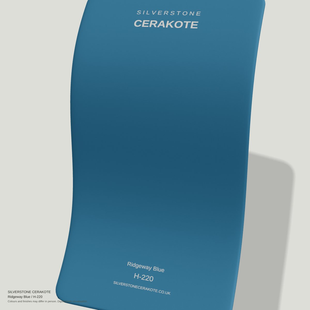 Ridgeway Blue H-220 Cerakote finish on a Silverstone Cerakote sample swatch (digital visualisation)