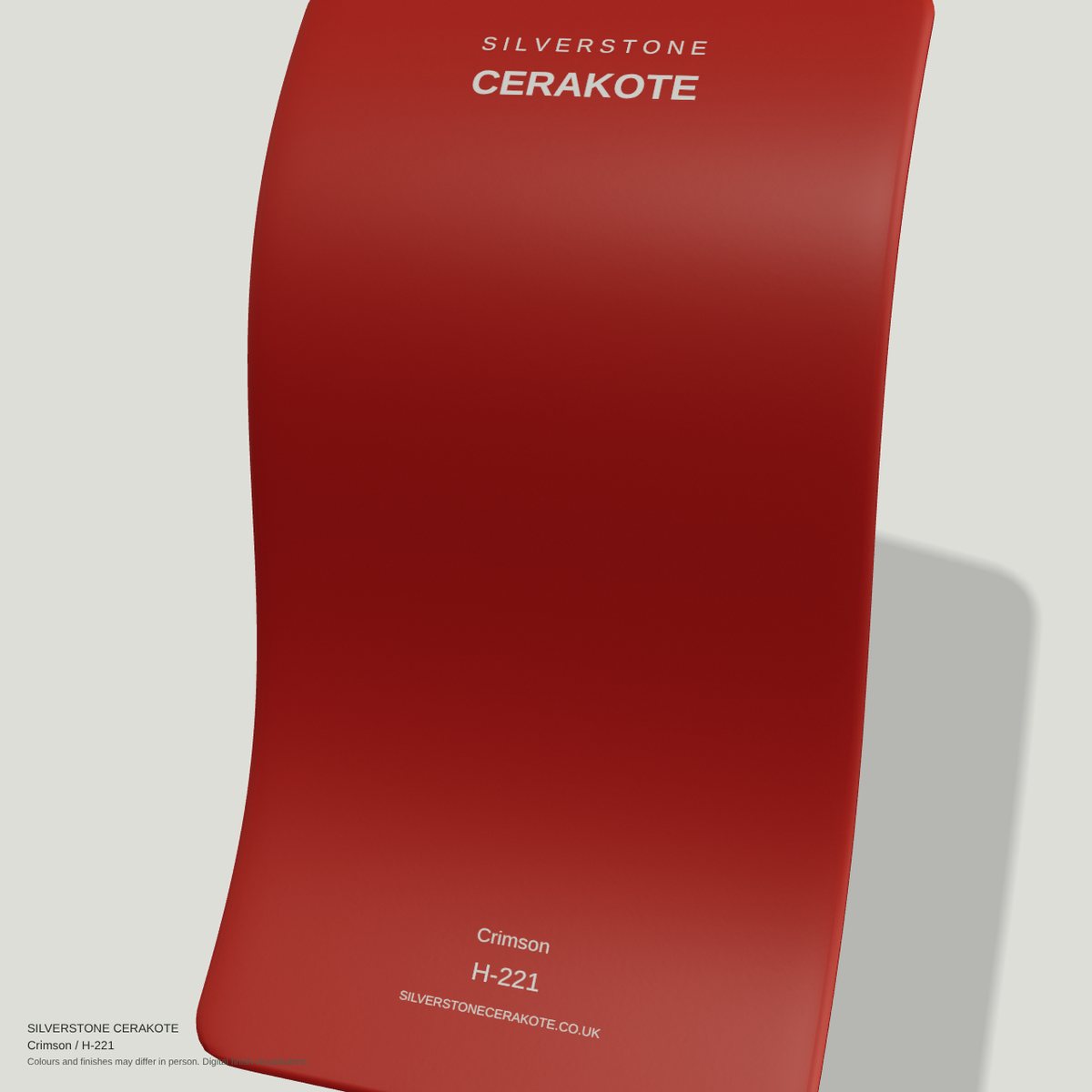 Crimson H-221 Cerakote finish on a Silverstone Cerakote sample swatch (digital visualisation)