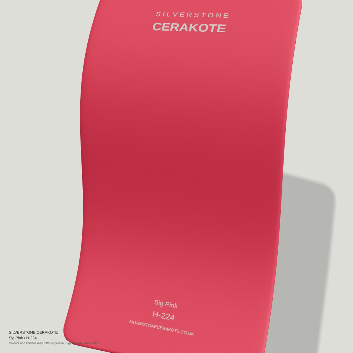 Sig Pink H-224 Cerakote finish on a Silverstone Cerakote sample swatch (digital visualisation)