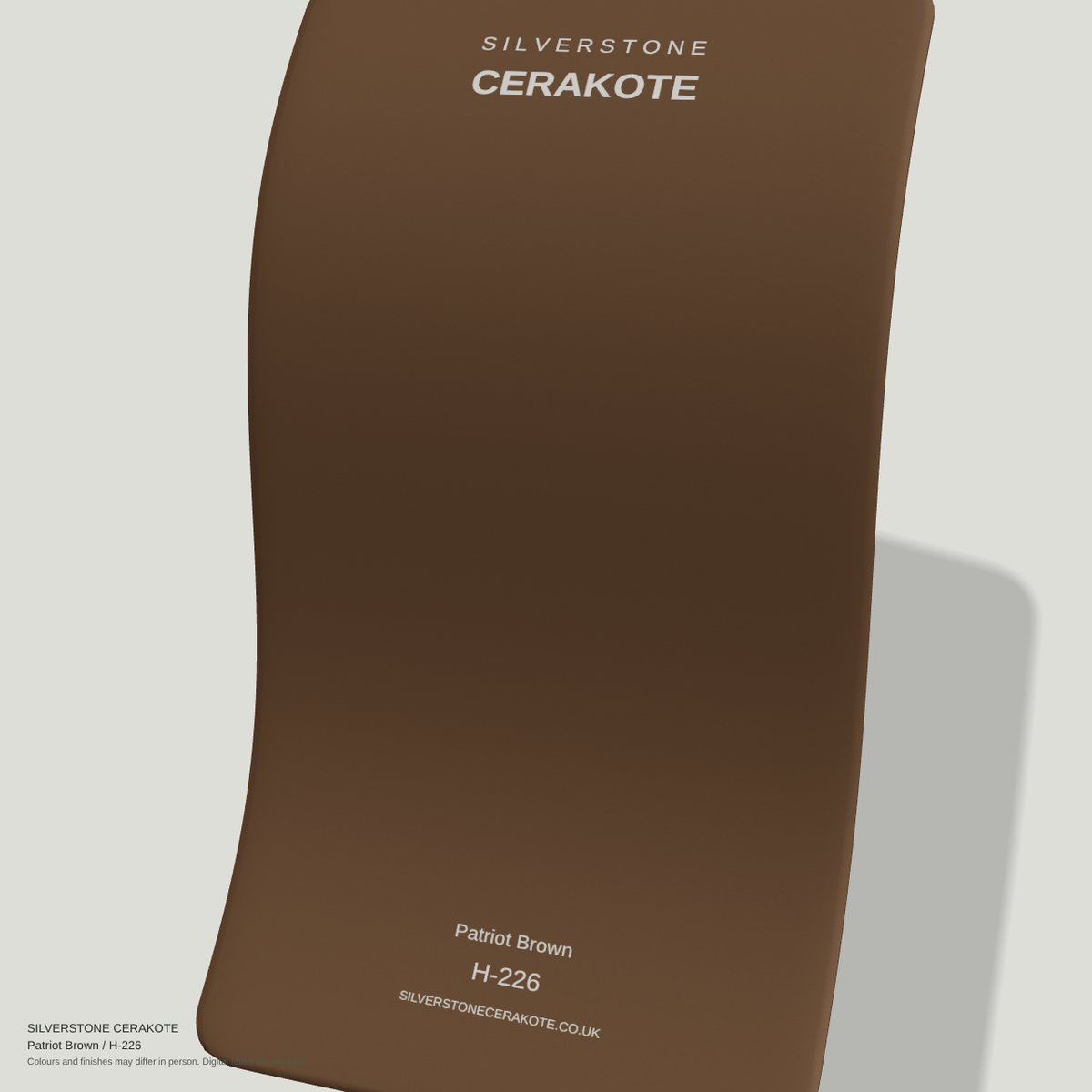 Patriot Brown H-226 Cerakote finish on a Silverstone Cerakote sample swatch (digital visualisation)