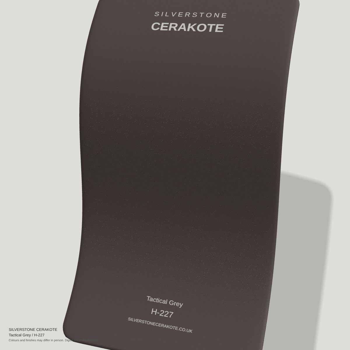 Tactical Grey H-227 Cerakote finish on a Silverstone Cerakote sample swatch (digital visualisation)