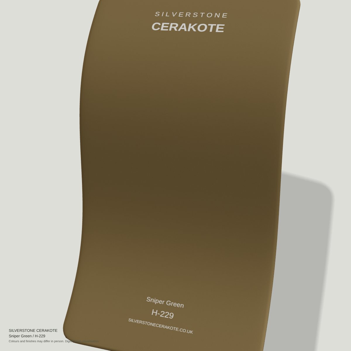 Sniper Green H-229 Cerakote finish on a Silverstone Cerakote sample swatch (digital visualisation)
