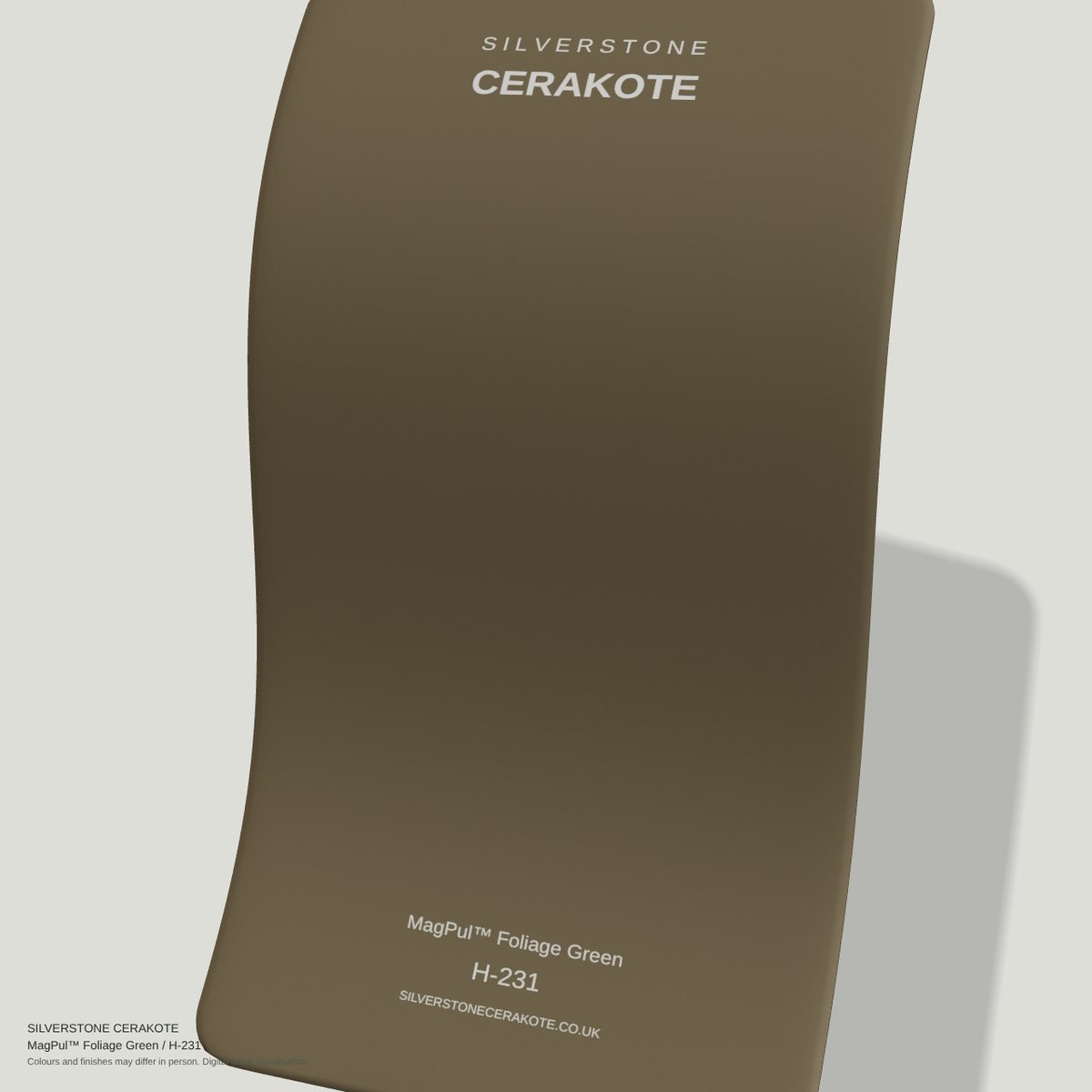 MagPul™ Foliage Green H-231 Cerakote finish on a Silverstone Cerakote sample swatch (digital visualisation)