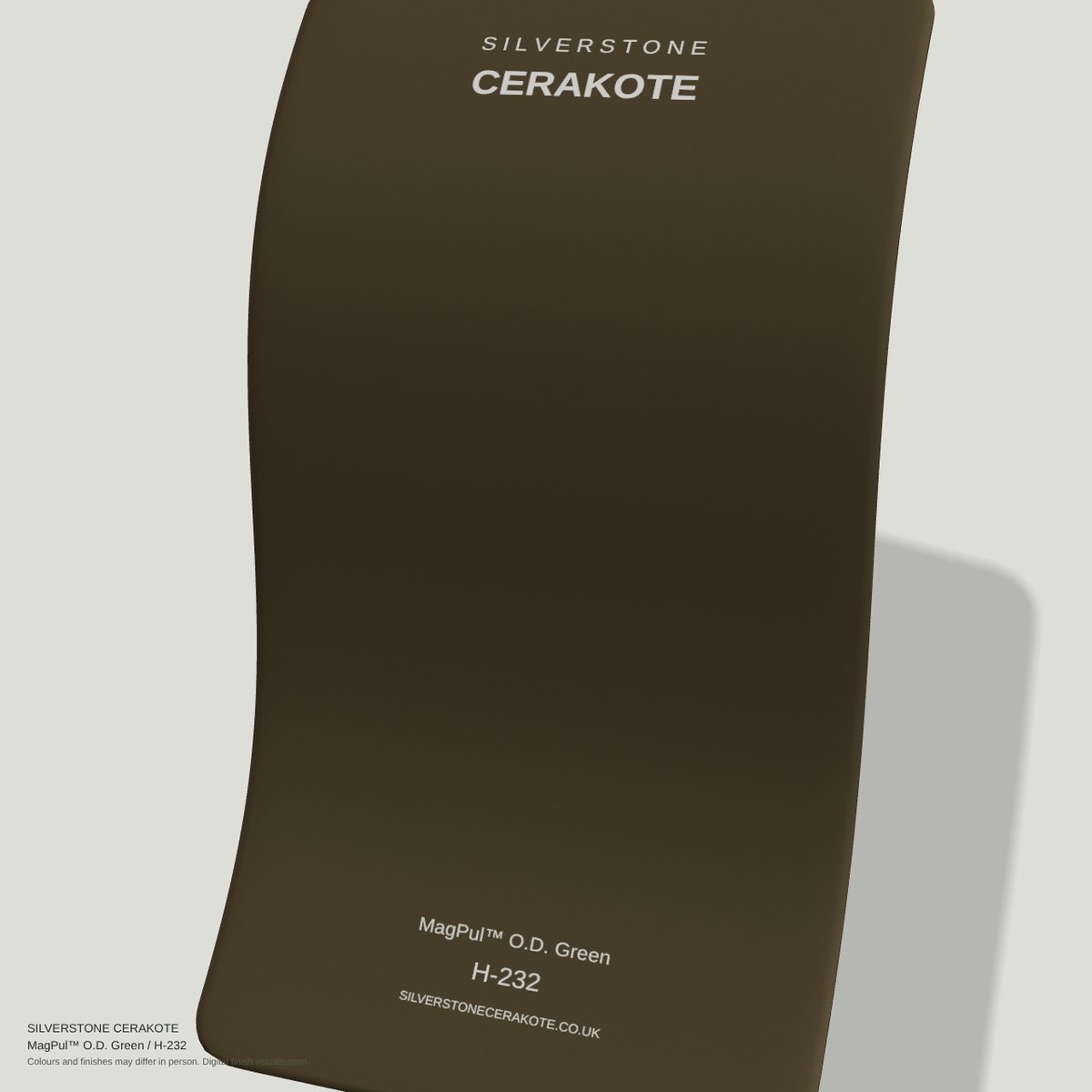 MagPul™ O.D. Green H-232 Cerakote finish on a Silverstone Cerakote sample swatch (digital visualisation)