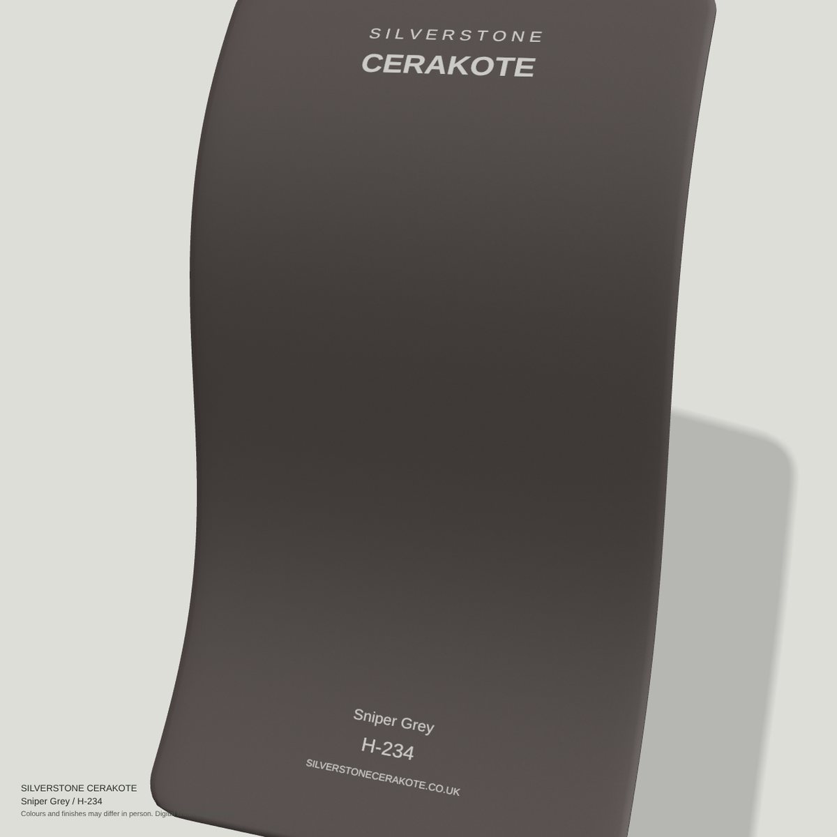 Sniper Grey H-234 Cerakote finish on a Silverstone Cerakote sample swatch (digital visualisation)