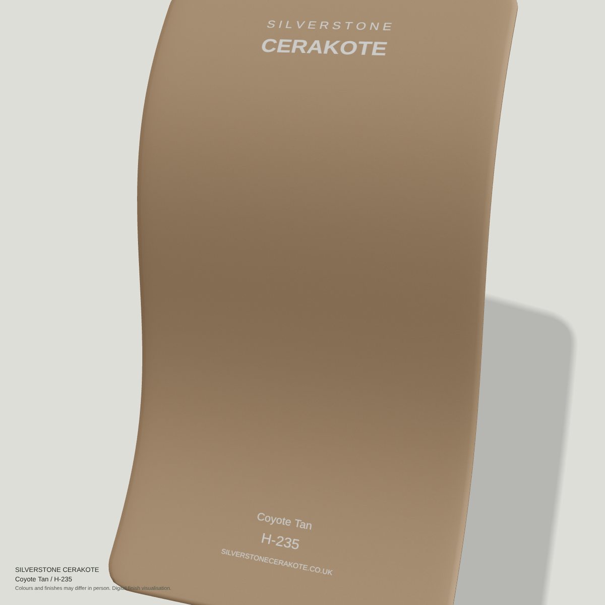 Coyote Tan H-235 Cerakote finish on a Silverstone Cerakote sample swatch (digital visualisation)