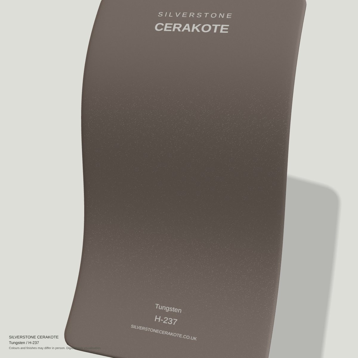 Tungsten H-237 Cerakote finish on a Silverstone Cerakote sample swatch (digital visualisation)