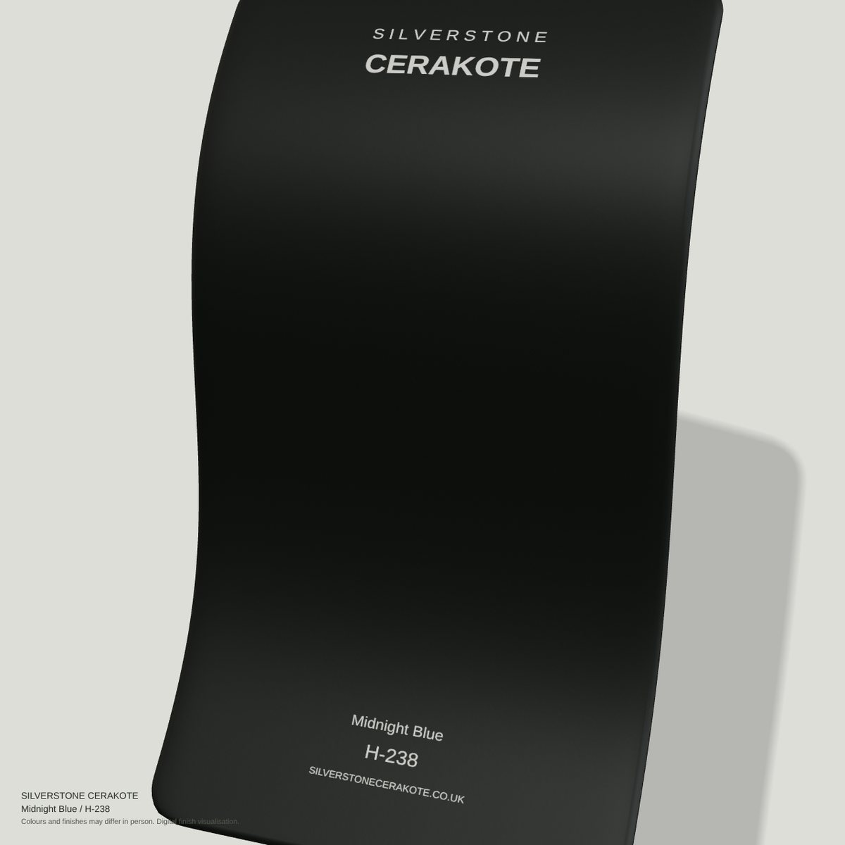 Midnight Blue H-238 Cerakote finish on a Silverstone Cerakote sample swatch (digital visualisation)