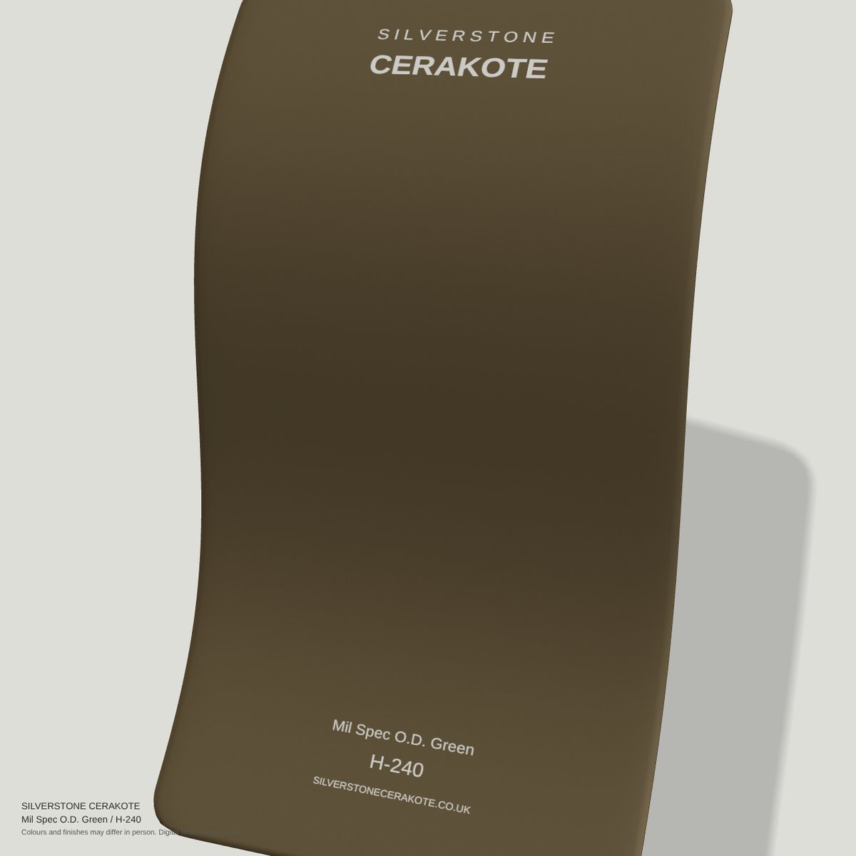 Mil Spec O.D. Green H-240 Cerakote finish on a Silverstone Cerakote sample swatch (digital visualisation)