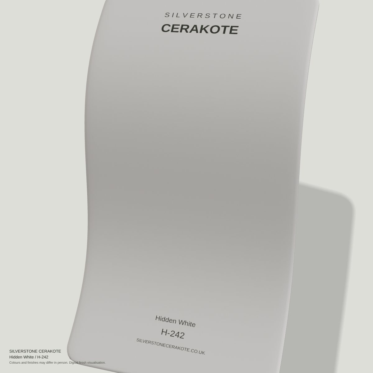 Hidden White H-242 Cerakote finish on a Silverstone Cerakote sample swatch (digital visualisation)