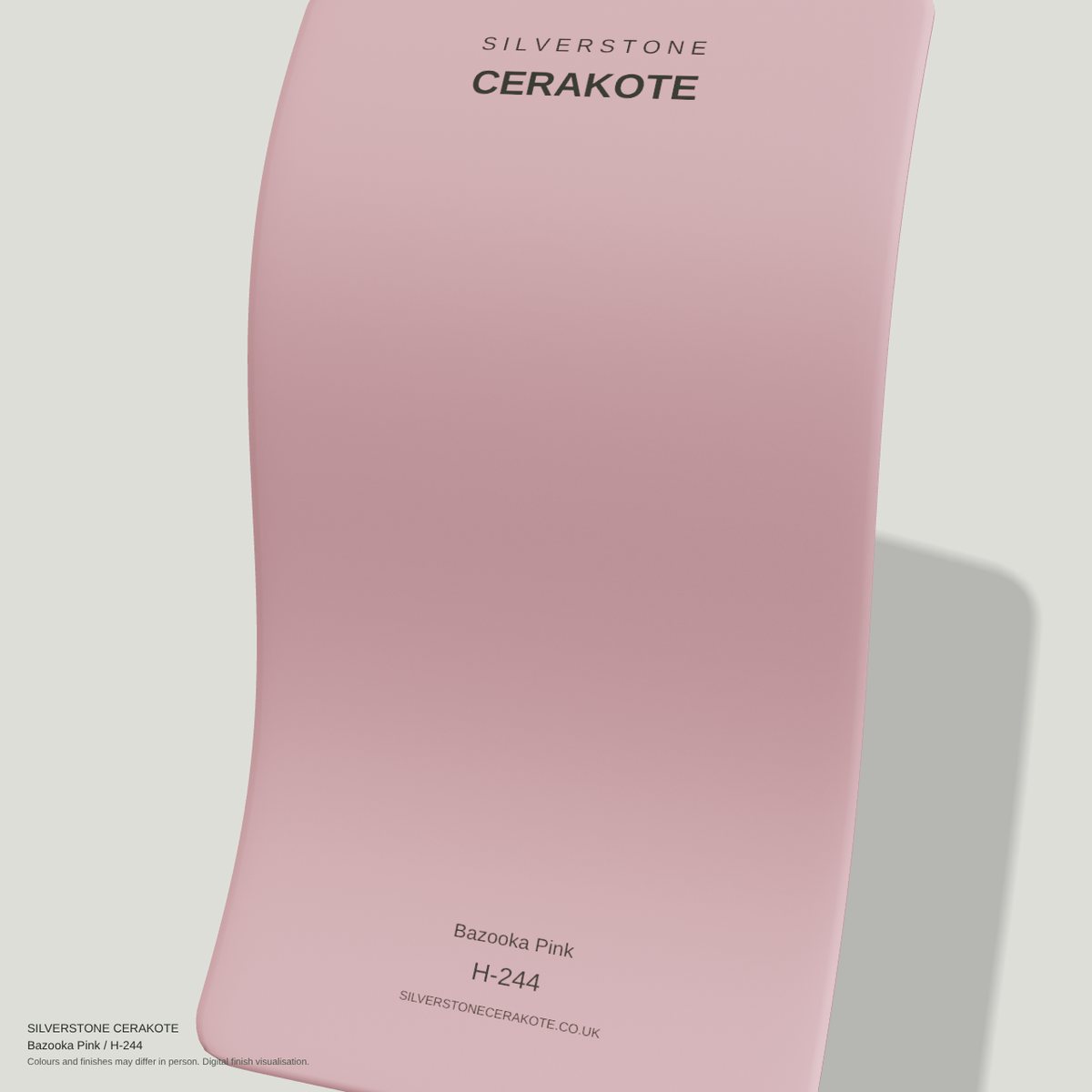 Bazooka Pink H-244 Cerakote finish on a Silverstone Cerakote sample swatch (digital visualisation)