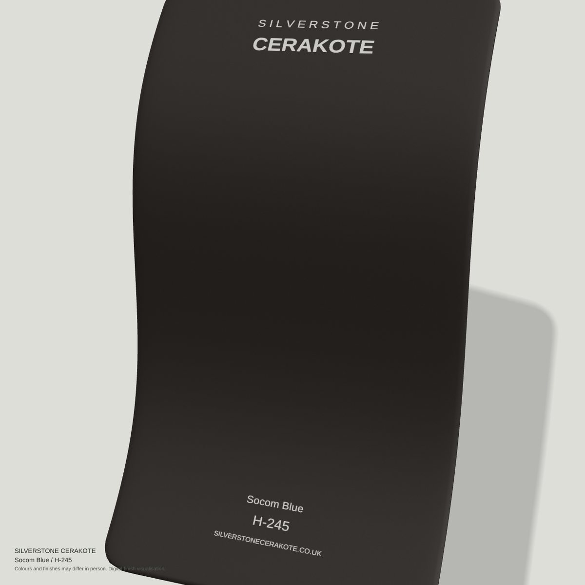 Socom Blue H-245 Cerakote finish on a Silverstone Cerakote sample swatch (digital visualisation)