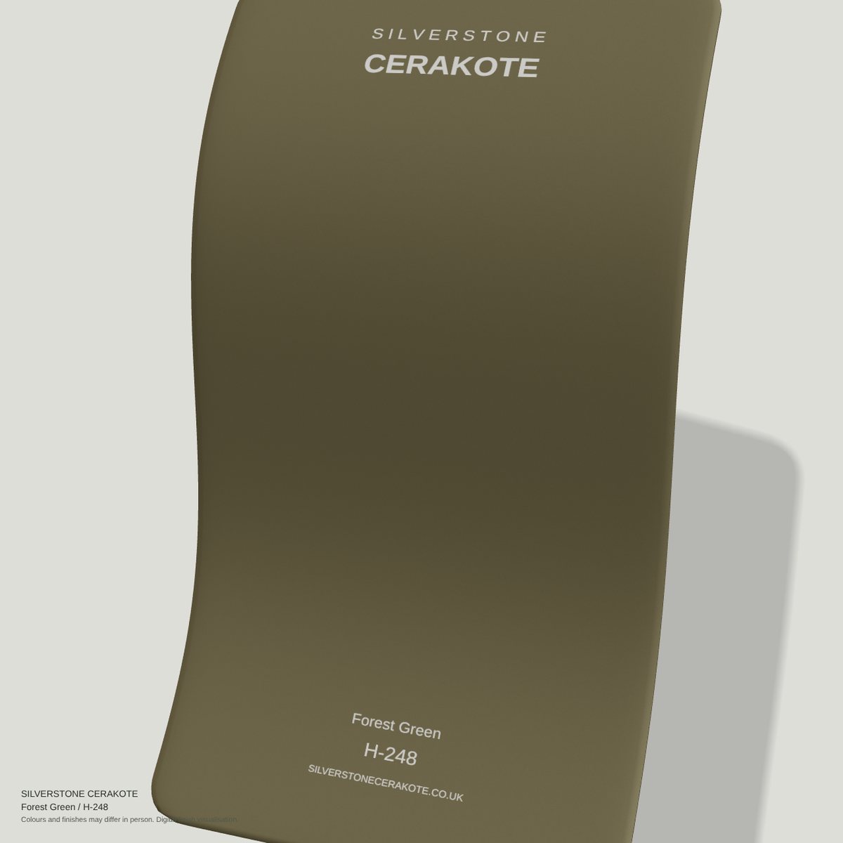 Forest Green H-248 Cerakote finish on a Silverstone Cerakote sample swatch (digital visualisation)