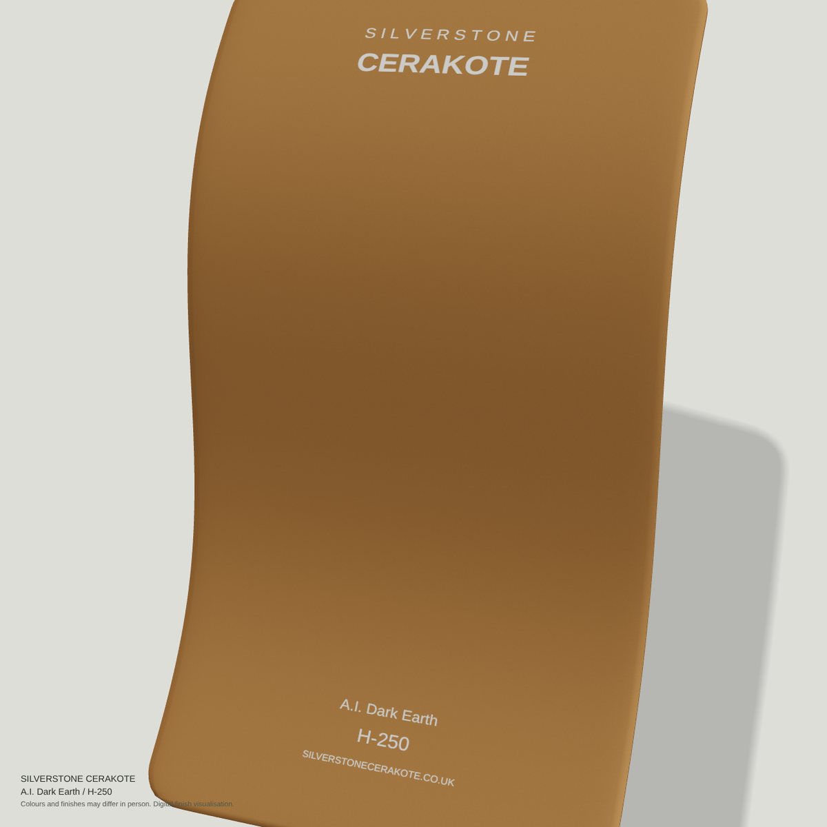 A.I. Dark Earth H-250 Cerakote finish on a Silverstone Cerakote sample swatch (digital visualisation)