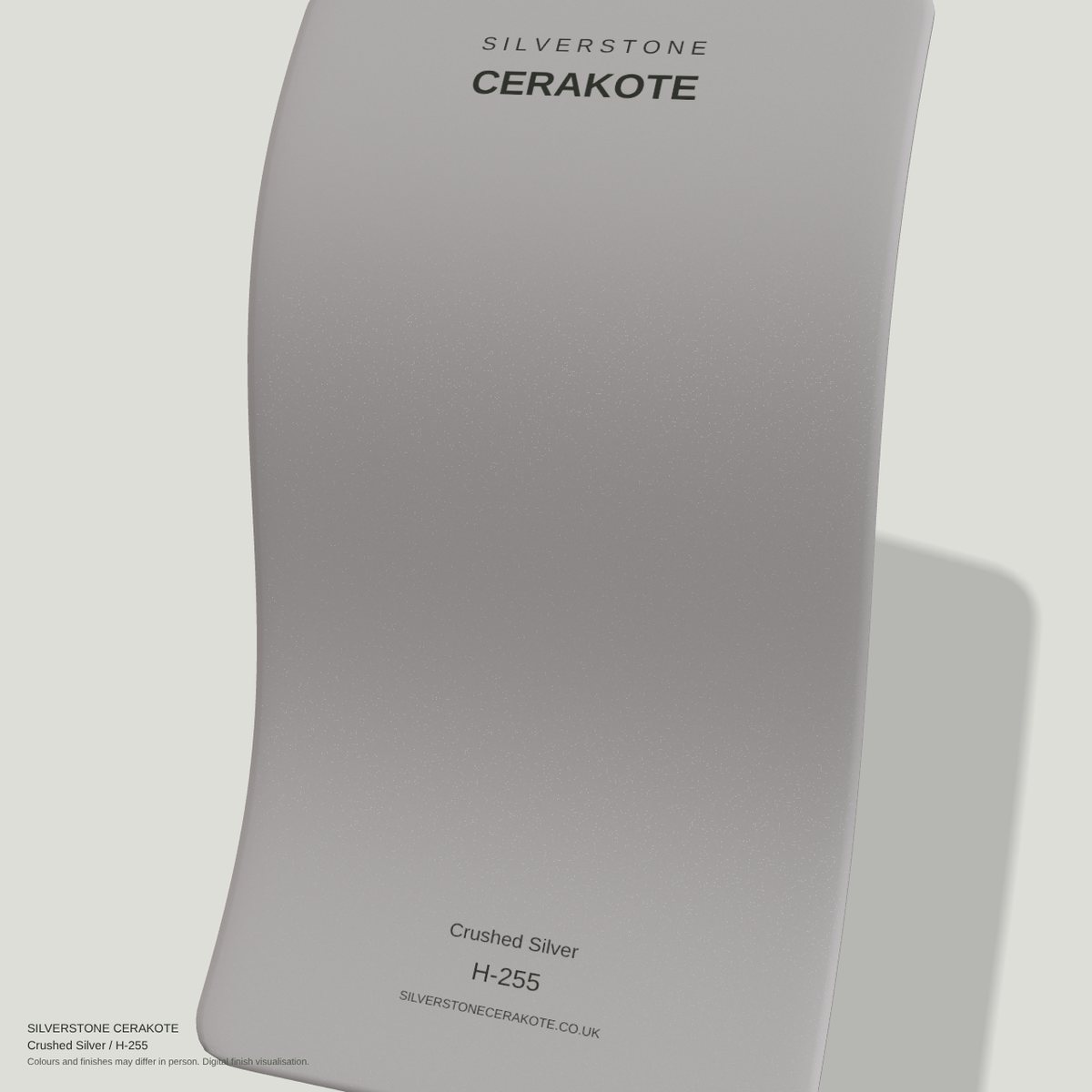 Crushed Silver H-255 Cerakote finish on a Silverstone Cerakote sample swatch (digital visualisation)