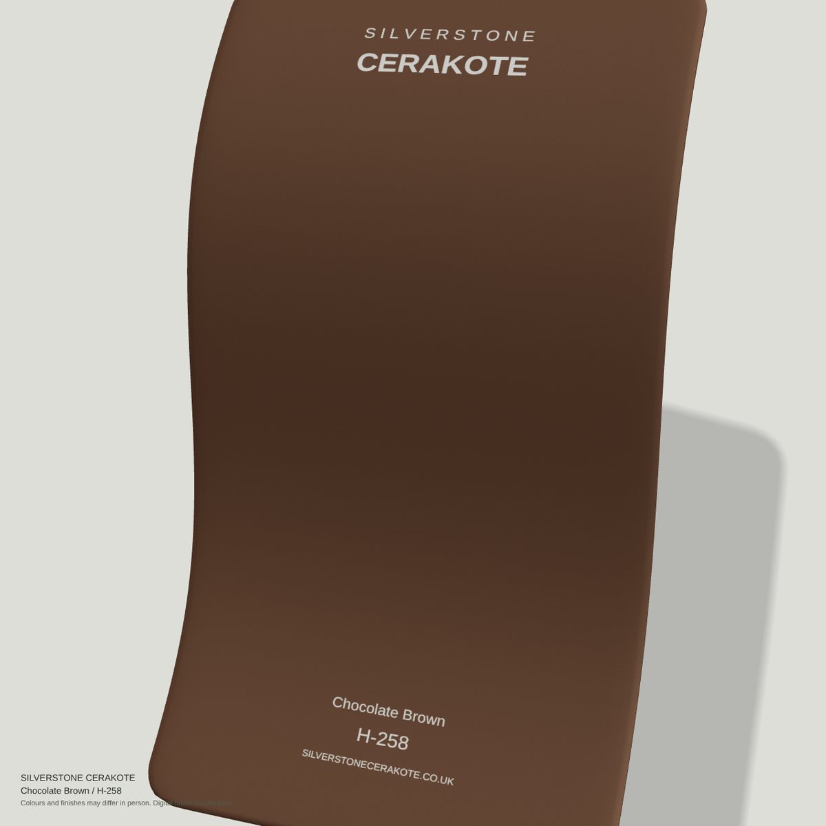 Chocolate Brown H-258 Cerakote finish on a Silverstone Cerakote sample swatch (digital visualisation)