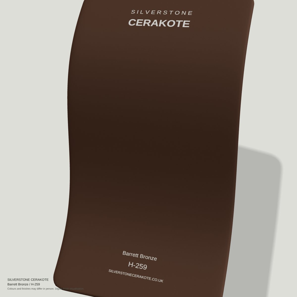Barrett Bronze H-259 Cerakote finish on a Silverstone Cerakote sample swatch (digital visualisation)