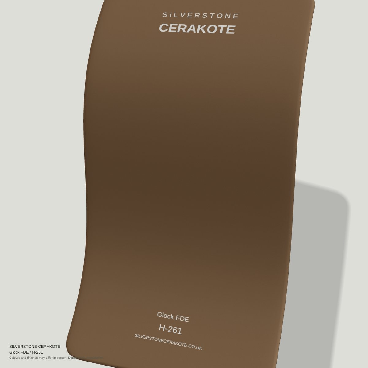 Glock FDE H-261 Cerakote finish on a Silverstone Cerakote sample swatch (digital visualisation)