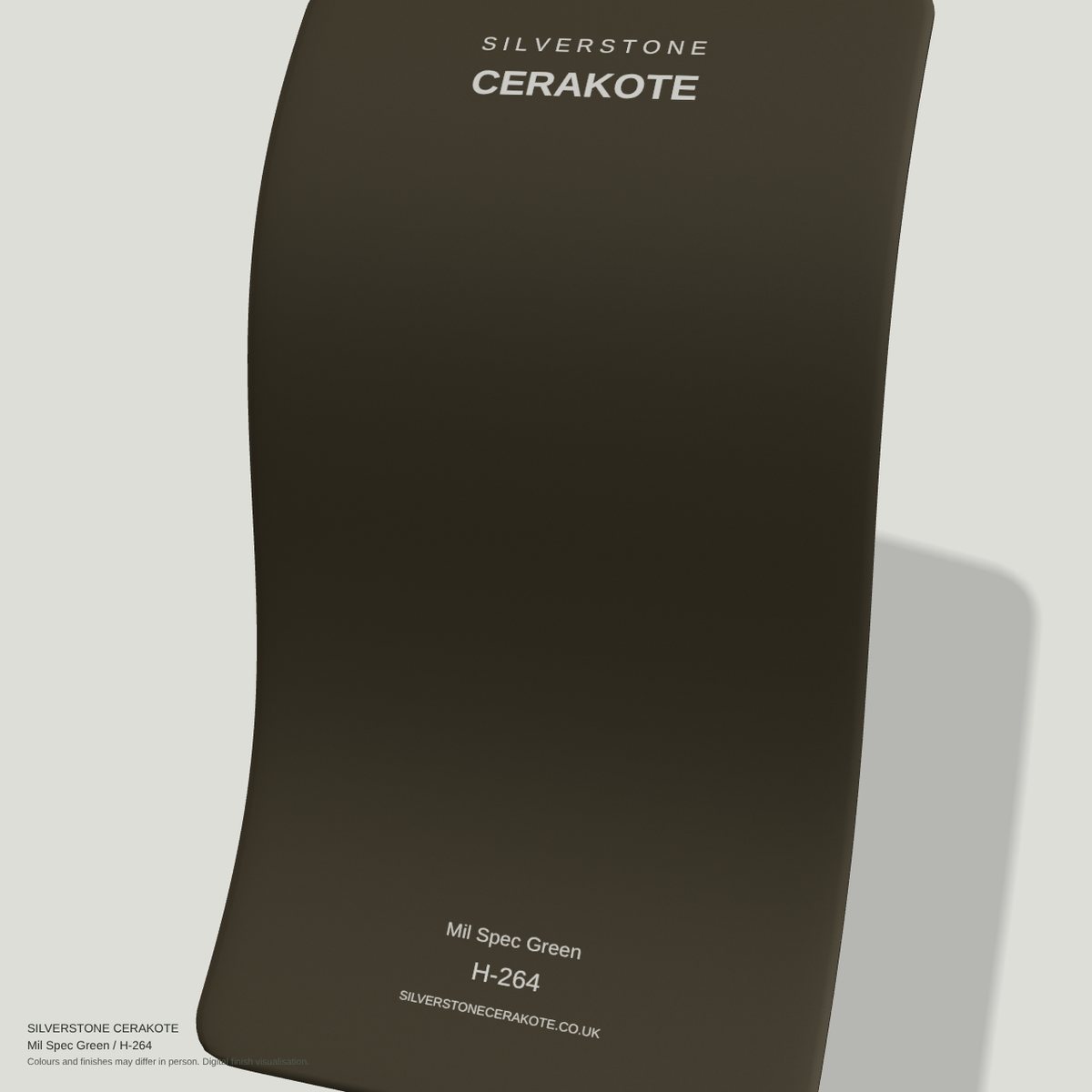 Mil Spec Green H-264 Cerakote finish on a Silverstone Cerakote sample swatch (digital visualisation)
