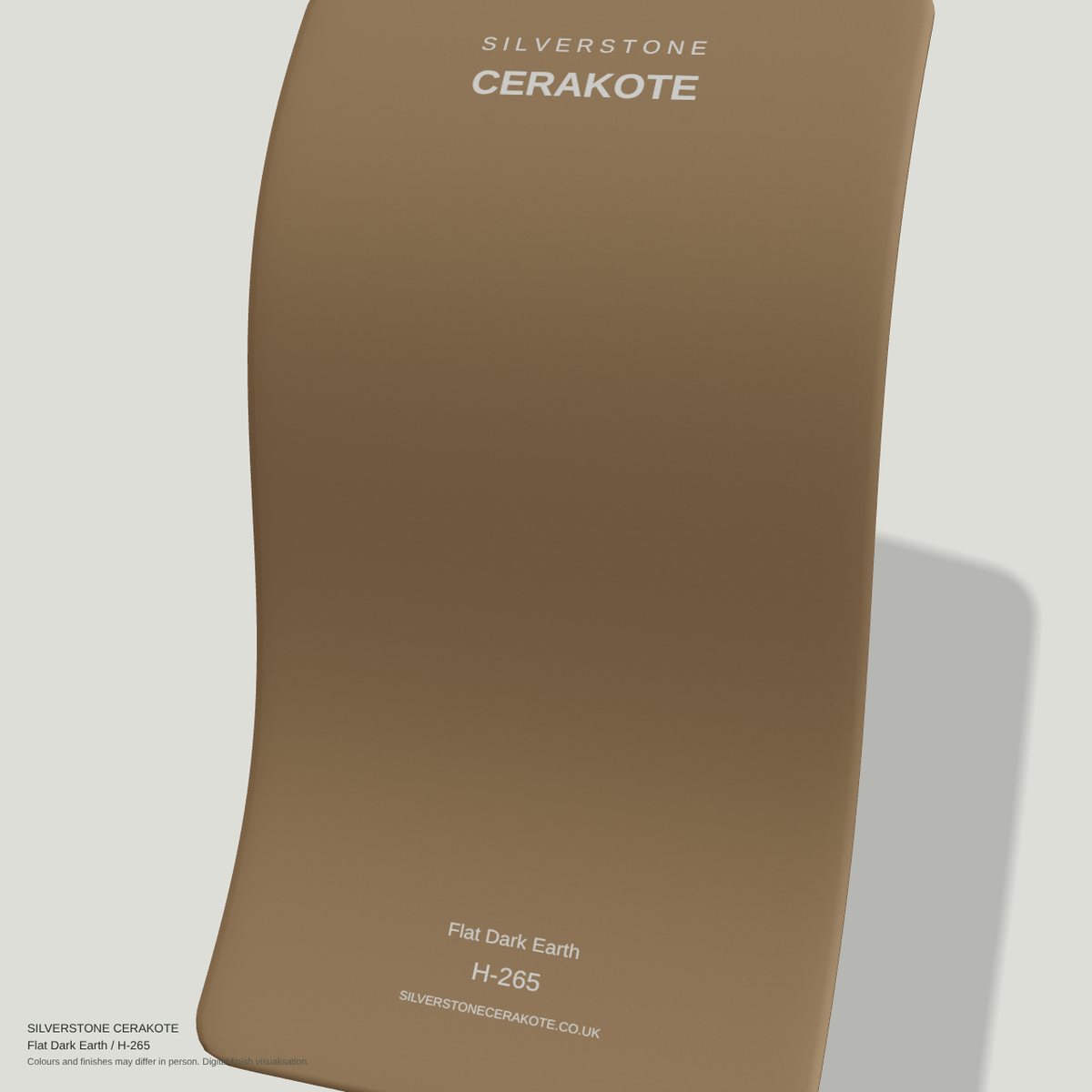 Flat Dark Earth H-265 Cerakote finish on a Silverstone Cerakote sample swatch (digital visualisation)