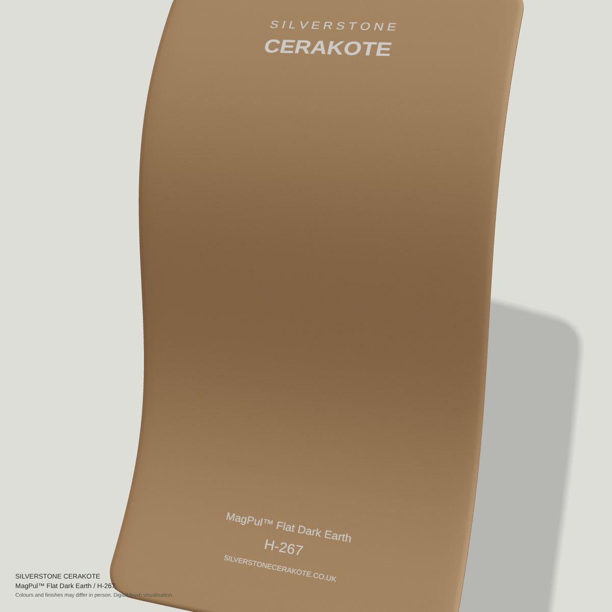 MagPul™ Flat Dark Earth H-267 Cerakote finish on a Silverstone Cerakote sample swatch (digital visualisation)