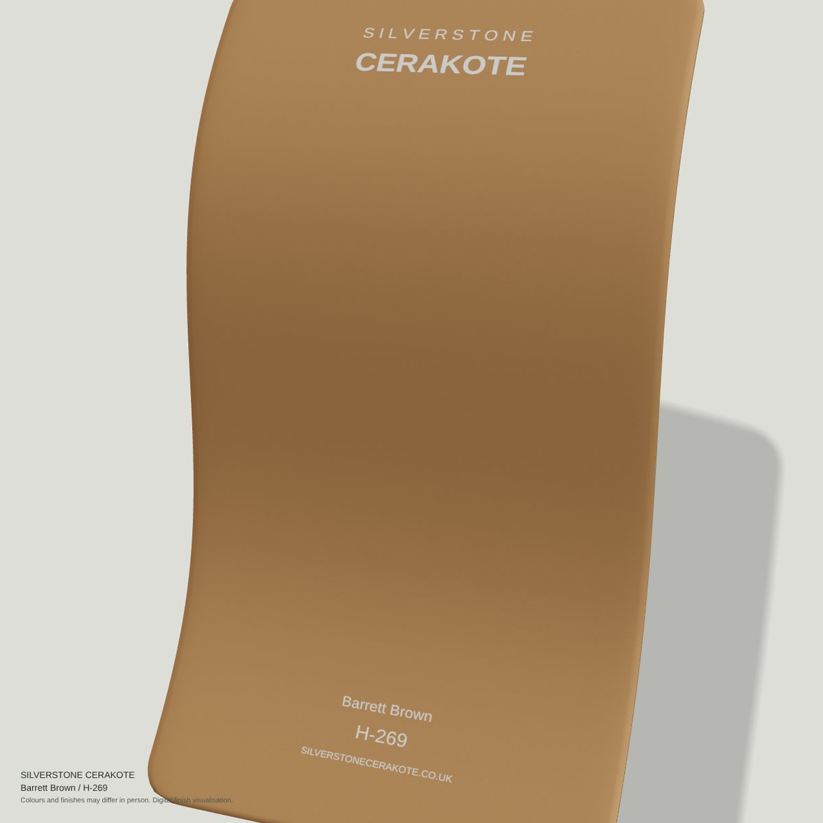 Barrett Brown H-269 Cerakote finish on a Silverstone Cerakote sample swatch (digital visualisation)