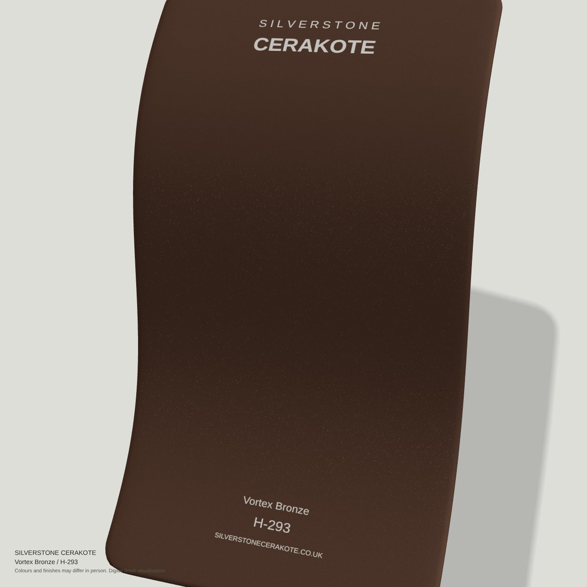 Vortex Bronze H-293 Cerakote finish on a Silverstone Cerakote sample swatch (digital visualisation)