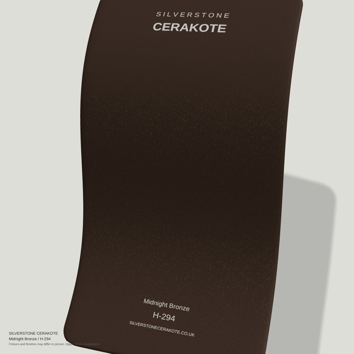 Midnight Bronze H-294 Cerakote finish on a Silverstone Cerakote sample swatch (digital visualisation)