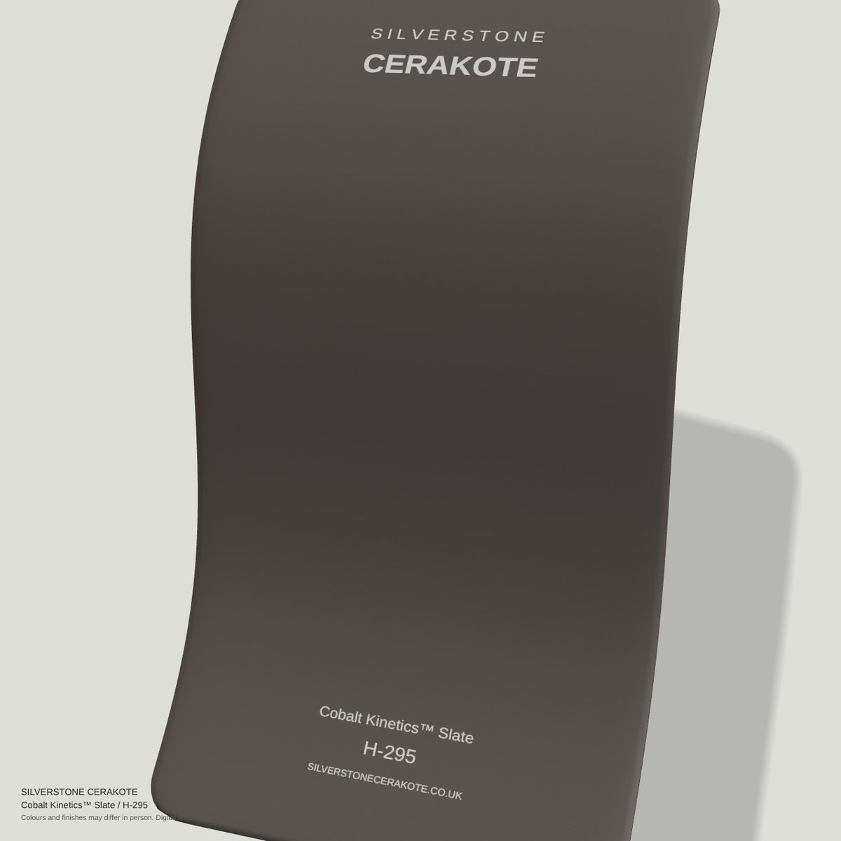 Cobalt Kinetics™ Slate H-295 Cerakote finish on a Silverstone Cerakote sample swatch (digital visualisation)