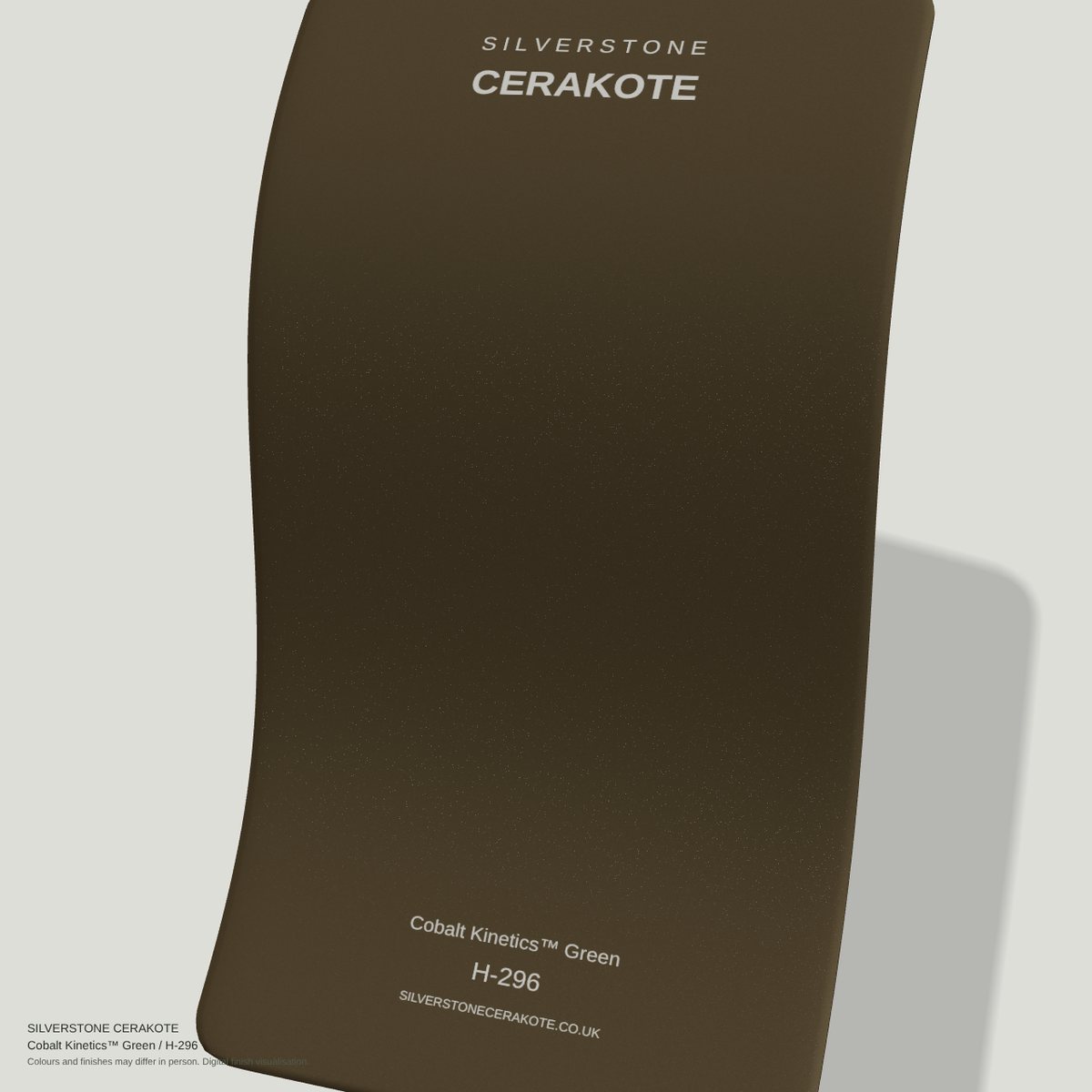 Cobalt Kinetics™ Green H-296 Cerakote finish on a Silverstone Cerakote sample swatch (digital visualisation)