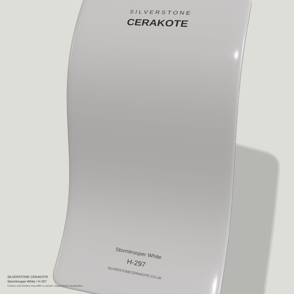 Stormtrooper White H-297 Cerakote finish on a Silverstone Cerakote sample swatch (digital visualisation)