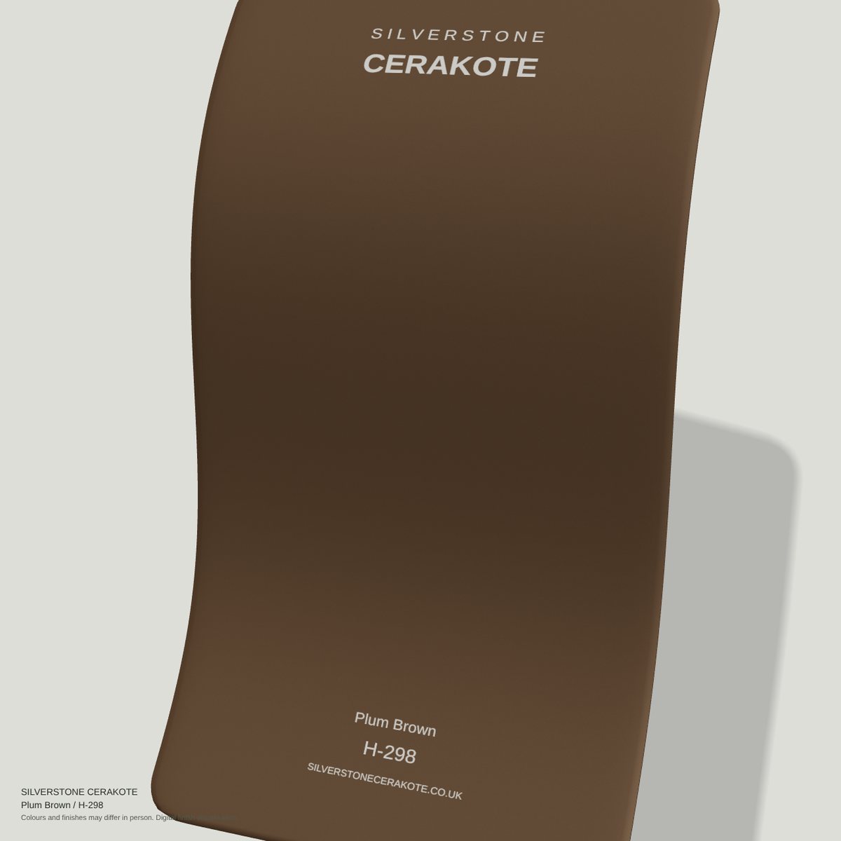 Plum Brown H-298 Cerakote finish on a Silverstone Cerakote sample swatch (digital visualisation)