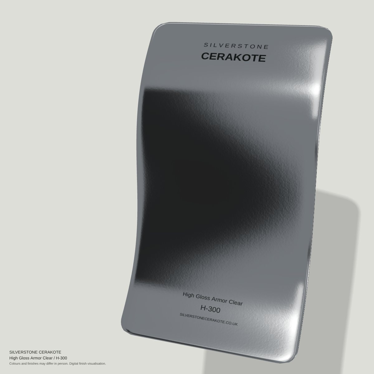 High Gloss Armor Clear H-300 Cerakote finish on a Silverstone Cerakote sample swatch (digital visualisation)