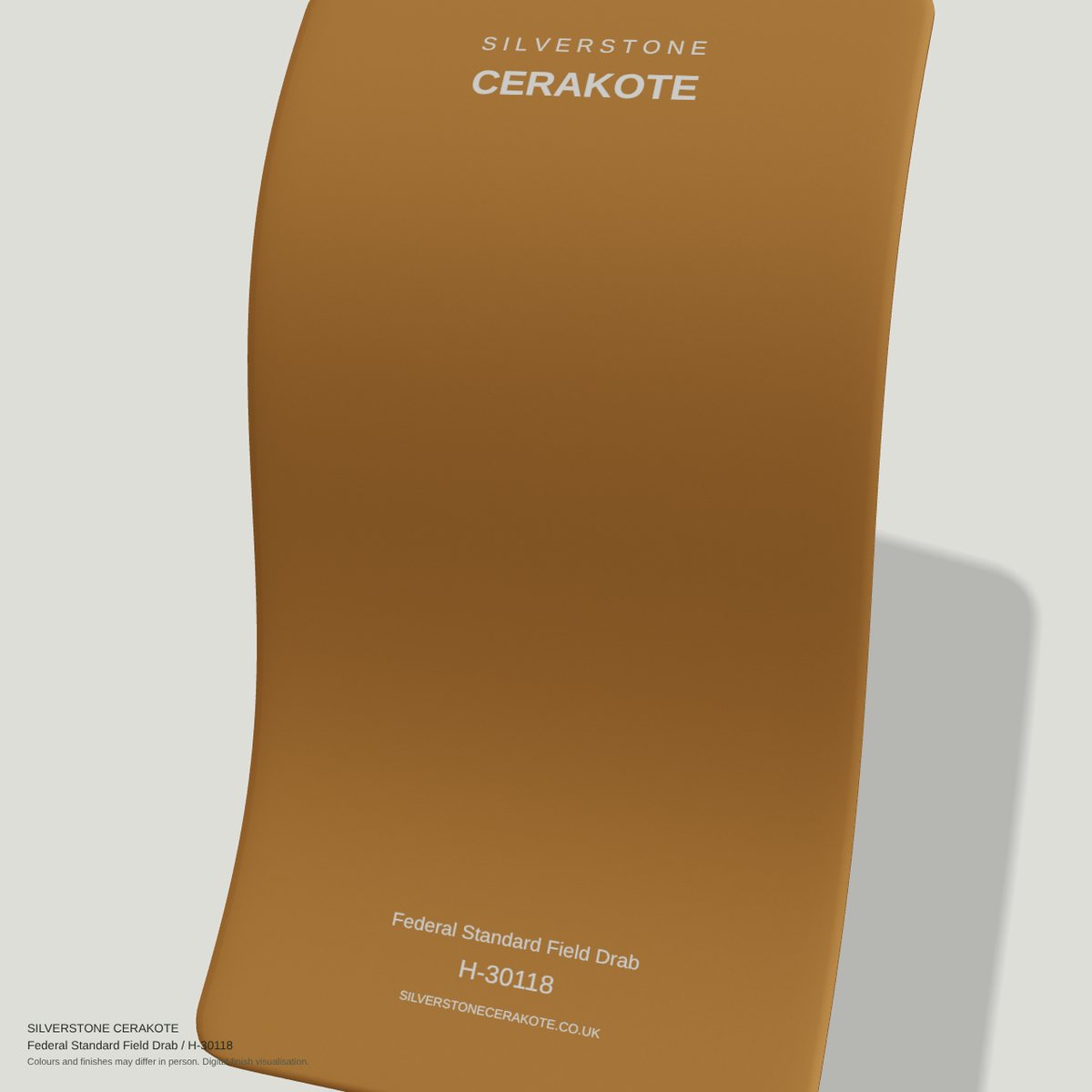 Federal Standard Field Drab H-30118 Cerakote finish on a Silverstone Cerakote sample swatch (digital visualisation)
