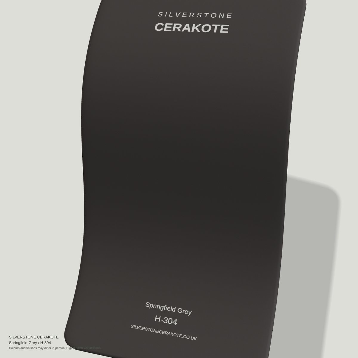 Springfield Grey H-304 Cerakote finish on a Silverstone Cerakote sample swatch (digital visualisation)