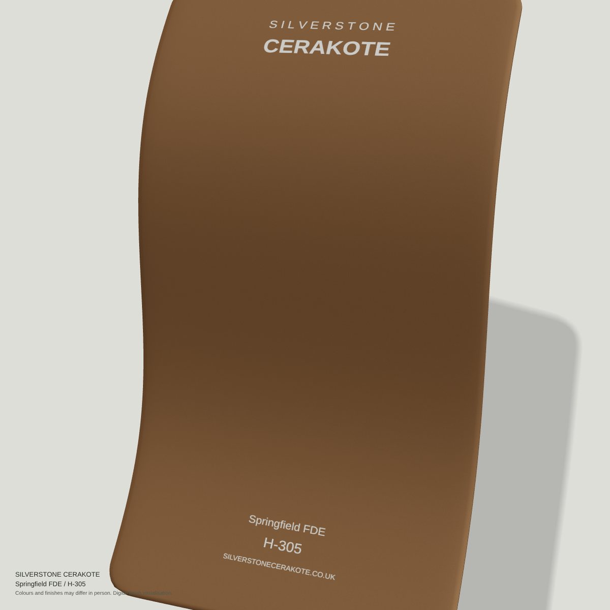 Springfield FDE H-305 Cerakote finish on a Silverstone Cerakote sample swatch (digital visualisation)